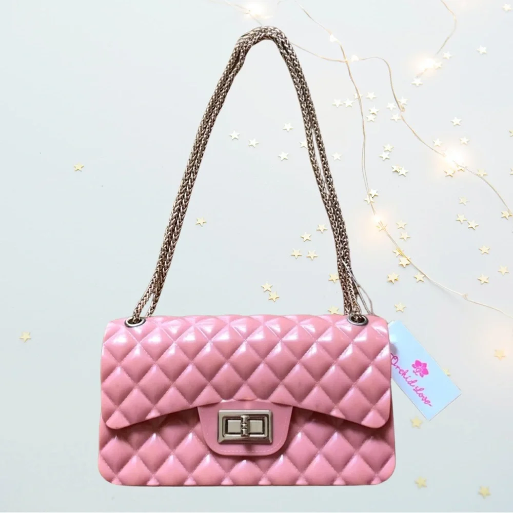 ORCHID LOVE Quilted Jelly Flap Bag with Gold Chain New with Tags - Picture 11 of 11